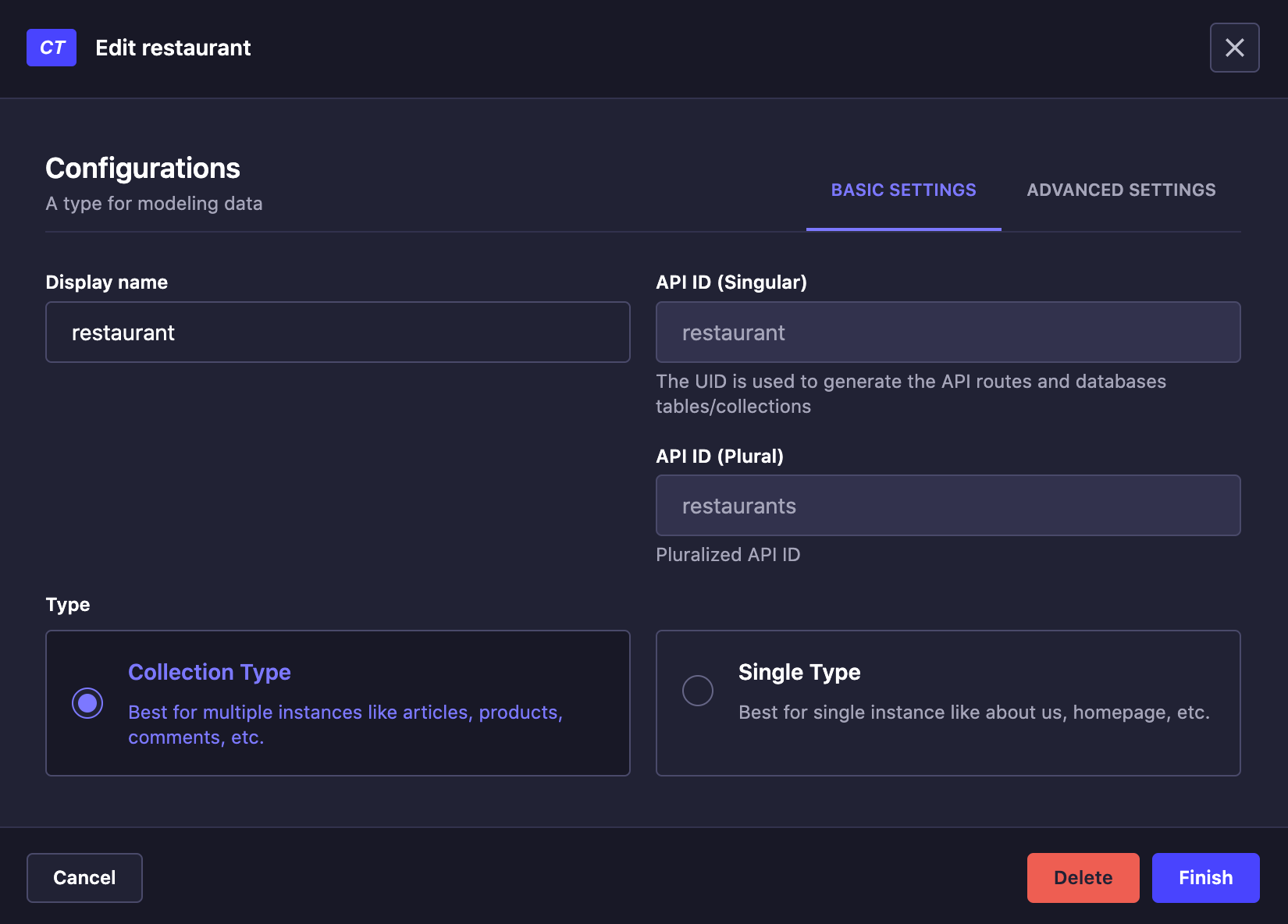 Content-type Builder's basic settings